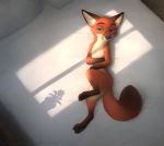  bed canid canine covering covering_self crossed_arms disney flower fox fur furniture green_eyes grin hi_res imminent_sex looking_at_viewer lying male mammal nick_wilde nude on_back on_bed orange_body orange_fur pillow plant raised_leg red_fox shadow smile solo white_body zaush zootopia 