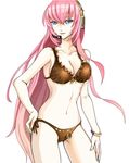  bikini blue_eyes breasts brown_bikini cleavage collarbone funkid hand_on_hip long_hair medium_breasts megurine_luka microphone navel pink_hair project_diva_(series) side-tie_bikini sideboob simple_background solo swimsuit swimwear_(module) vocaloid white_background 