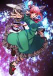  :d animal_ears bad_id bad_pixiv_id blue_hair braid breasts cat_ears cat_tail colorized dress extra_ears green_dress halo highres kaenbyou_rin kazami_nooto large_breasts multiple_girls multiple_tails open_mouth outstretched_arm pink_hair red_eyes single_braid smile tail touhou umigarasu_(kitsune1963) wings zombie_fairy 
