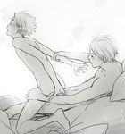 2boys anal ass bed bed_sheet blanket haikyuu!! hinata_shouyou lying monochrome multiple_boys nude open_mouth restrained sex sitting_on_person straddling sugawara_koushi wince 
