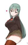  adapted_costume aqua_eyes aqua_hair artist_name breasts brown_legwear brown_skirt buttons commentary_request covering covering_ass eyebrows eyebrows_visible_through_hair from_side hair_ornament hairclip heart highres jacket kantai_collection large_breasts long_hair long_sleeves looking_at_viewer mitsudoue pencil_skirt pleated_skirt signature simple_background skirt solo suzuya_(kantai_collection) thighhighs white_background zettai_ryouiki 