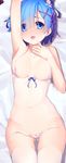  areola_slip areolae arm_up armpits bangs bed_sheet blue_bow blue_eyes blue_hair blunt_bangs blush bow bow_panties breasts camisole collarbone cowboy_shot dakimakura finger_to_mouth from_above hair_ornament hair_over_one_eye hair_ribbon hairband hairclip hand_on_own_chest highres looking_at_viewer looking_up lying medium_breasts navel on_back open_mouth panties purple_ribbon qiongsheng re:zero_kara_hajimeru_isekai_seikatsu rem_(re:zero) ribbon see-through short_hair side-tie_panties smile solo stomach thigh_gap thighhighs tongue tongue_out underwear untied untied_panties white_legwear white_panties x_hair_ornament 
