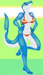  2016 anthro big_breasts bikini blue_skin bra breasts claws clothed clothing eyes_closed female fin fish fivel gills green_background gummy_shark hand_on_hip hi_res looking_at_viewer marine navel raised_leg shark sharp_teeth shiny simple_background skimpy smile solo swimsuit teeth toe_claws underwear white_background white_skin 