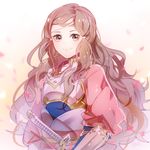  artist_name blush brown_eyes brown_hair fire_emblem fire_emblem_if headband katana kazahana_(fire_emblem_if) long_hair lulu_season petals solo sword wavy_hair weapon 