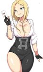  ass_visible_through_thighs bad_id bad_pixiv_id black_pants blonde_hair blue_eyes breasts card card_between_fingers cleavage closers corset fingerless_gloves gloves harpy_(closers) large_breasts long_hair looking_at_viewer mismatched_legwear pants playing_card smile smirk solo thigh_gap urec 