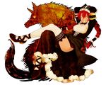  1girl arms_behind_head artist_request braid dark_skin detached_sleeves frills grin hat long_sleeves lupusregina_beta maid maid_apron mary_janes open_mouth overlord_(maruyama) red_hair skirt smile tail thighhighs twin_braids werewolf wolf yellow_eyes 