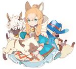  :3 alpaca animal_ears belt blonde_hair blue_eyes blue_hair blush braid cape closed_eyes closed_mouth commentary_request dress extra_ears facial_hair felyne green_eyes hat hood long_hair lying maruco meowstress monster_hunter monster_hunter_x moofah mustache on_stomach paw_print petting pointy_ears simple_background sitting twin_braids whiskers white_background 