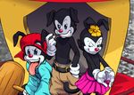  2013 animaniacs anthro blue_eyes clothed clothing dot_warner flower gloves grin group hammer hand_in_pocket hat one_eye_closed open_mouth plant rgbeast skirt smile smirk tongue tongue_out tools toothpick topless wakko_warner warner_brothers wink yakko_warner 