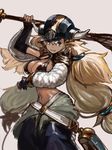  almeida_(granblue_fantasy) bikini_top blonde_hair blue_eyes dark_skin fingerless_gloves granblue_fantasy helmet horns long_hair midriff pointy_ears simple_background 