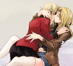  arm_around_neck between_legs black_skirt blonde_hair bomber_jacket closed_eyes couple cutoff_jeans cutoffs darjeeling french_kiss from_side girls_und_panzer hand_on_back hand_on_shoulder hand_under_clothes jacket kay_(girls_und_panzer) kiss long_hair military military_uniform multiple_girls saunders_military_uniform short_hair skirt sora_(sky_s04) st._gloriana's_military_uniform tank_top thighhighs uniform white_legwear yuri 