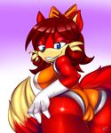  anthro bedroom_eyes black_nose blue_eyes bluetheunknown21 breasts butt butt_grab camel_toe canine clothing female fiona_the_fox fox hair hair_ribbon half-closed_eyes hand_on_butt looking_back mammal plump_labia pose presenting pussy red_hair ribbons seductive smile solo sonic_(series) tight_clothing 