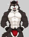  2016 abs aluminemsiren anthro beard biceps big_muscles black_fur black_nose briefs bulge canine claws clothed clothing digital_media_(artwork) drks facial_hair fangs fingerless_gloves front_view fur gloves goatee grey_background half-length_portrait hand_on_hip hat looking_at_viewer male mammal multicolored_fur muscular muscular_male one_eye_closed open_mouth pecs portrait red_eyes scar simple_background smile solo standing star teeth topless two_tone_fur underwear white_fur wink wolf 