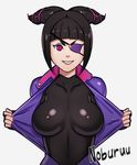  breasts drill_hair eyepatch han_juri large_breasts looking_at_viewer noburuu_(shygoggles) print_eyepatch purple_eyes smile solo street_fighter street_fighter_v twin_drills undershirt undressing upper_body 