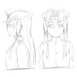  bangs character_sheet epaulettes female_admiral_(kantai_collection) greyscale hair_between_eyes hat kantai_collection lineart long_hair looking_at_viewer military military_hat military_uniform monochrome multiple_views niwatazumi peaked_cap sketch smile tatebayashi_sakurako uniform upper_body white_background 