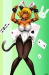  2016 absurd_res animal_humanoid armband armpits arms_above_head big_breasts blonde_hair bow_tie breasts bunny_costume card cat_humanoid cleavage clothed clothing cute_fangs fake_ears fake_rabbit_ears feline female fishnet fishnet_legwear franarok hair hi_res humanoid legwear looking_at_viewer mammal navel nipple_bulge one_eye_closed open_smile playing_card short_hair simple_background solo thigh_gap tight_clothing wink yellow_eyes 