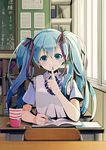  aqua_eyes aqua_hair banned_artist book bow bowtie chalkboard classroom desk eraser finger_to_mouth hair_ribbon hatsune_miku indoors long_hair looking_at_viewer nail_polish ribbon school_uniform sitting smile solo sweater_vest twintails vocaloid window yuuka_nonoko 