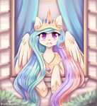  2016 cute equine eyelashes feathered_wings feathers female feral friendship_is_magic hair hi_res horn long_hair looking_at_viewer mammal multicolored_hair my_little_pony open_mouth pastelmistress princess_celestia_(mlp) purple_eyes solo white_feathers winged_unicorn wings 