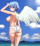  angel angel_wings arm_up armpits ass asymmetrical_wings back backboob bad_id bad_pixiv_id bare_shoulders beach blue_hair blush breasts cloud cloudy_sky day green_eyes hair_ornament hairclip highres large_breasts light_rays looking_at_viewer looking_back nanael no_bra otohukebonne panties polka_dot polka_dot_panties queen's_blade short_hair sideboob sky solo standing sweat topless underwear wet wet_clothes wet_panties wings 