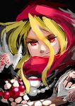  1girl artist_request blonde_hair evileye fang gloves hood overlord_(maruyama) red_eyes smile solo vampire 