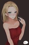  :q absurdres after_fellatio bad_id bad_pixiv_id blonde_hair blue_eyes cum_in_hands dress ear_piercing eyelashes handjob highres hplay long_hair original penis piercing red_dress solo strapless strapless_dress tongue tongue_out 