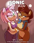  2016 amy_rose anthro big_breasts breasts chipmunk cleavage clothed clothing duo female hedgehog kayla-na mammal rodent sally_acorn sonic_(series) 