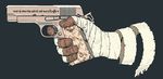  1boy bandage blue_background close-up fallout fallout_new_vegas flat_color gun joshua_graham male_focus out_of_frame profile simple_background solo y_(artist) 
