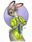  anthro bottomless breasts clothed clothing cosplay disney dress_shirt female fur grey_fur hair hawaiian judy_already_has_that_one judy_hopps lagomorph looking_at_viewer low_res mammal michele_light necktie not_judy not_nicks_shirt pink_nose print purple_eyes rabbit shirt simple_background smile standing traditional_media_(artwork) zootopia 
