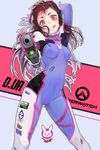  2016 :q a_mi_(milu904371339) aiming_at_viewer animal_print arm_behind_head arm_up bangs beads blush bodysuit breasts brown_eyes brown_hair bunny_print character_name charging copyright_name covered_navel d.va_(overwatch) dated facial_mark gloves glowing gun handgun head_tilt headphones highres holding holding_gun holding_weapon legs_apart long_hair looking_at_viewer outline outstretched_hand overwatch pauldrons pilot_suit red_eyes skin_tight small_breasts solo standing sticker tongue tongue_out turtleneck weapon whisker_markings white_gloves 