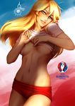  arms_up artist_name blonde_hair breasts breasts_apart buruma cherry_in_the_sun cowboy_shot euro_2016 flag_background green_eyes grin head_tilt large_breasts lifted_by_self long_hair looking_at_viewer navel no_bra original pink_lips poland shirt shirt_lift short_sleeves smile soccer soccer_uniform solo sportswear standing stomach teasing underboob white_shirt 