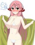  akashi_(kantai_collection) areola_slip areolae bikini blush breasts commentary_request green_eyes hair_ribbon kantai_collection large_breasts long_hair navel pink_hair ribbon shiruhino solo swimsuit tress_ribbon 