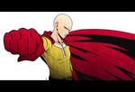  bald black_eyes cape chris_re5 clenched_hand foreshortening gloves highres letterboxed male_focus one-punch_man red_gloves saitama_(one-punch_man) serious signature solo upper_body zipper 