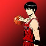  armband ball basketball basketball_uniform black_eyes black_hair chris_re5 collarbone crosshatching gradient gradient_background highres holding holding_ball looking_at_viewer male_focus outstretched_arm red_background rukawa_kaede slam_dunk solo sportswear upper_body 