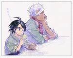  black_hair dark_skin dark_skinned_male eating gundam gundam_tekketsu_no_orphans looking_at_another me_(mikannu) mikazuki_augus multiple_boys orga_itsuka traditional_media watercolor_(medium) white_hair yellow_eyes 