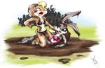  2008 angry anthro bikini blonde_hair breasts brown_hair buckteeth cleavage clothed clothing dialogue duo fight hair hair_bow hair_ribbon hi_res honey_bunny kneeling lagomorph littletiger488 lola_bunny looking_at_viewer looney_tunes lying mammal mud mud_wrestling navel on_back one_eye_closed open_mouth outside rabbit ribbons straddling swimsuit teeth warner_brothers wrestling 