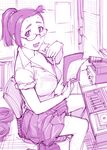  blush bra clipboard commentary_request fanning_face glasses hot looking_at_viewer microphone monochrome open_clothes open_mouth open_shirt original ponytail purple shirt short_hair sitting sketch skirt sleeves_rolled_up smile solo sweat ueyama_michirou underwear 