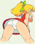  ass bangs blonde_hair blue_eyes blunt_bangs blush cropped_legs dress finger_to_mouth grin hair_ribbon index_finger_raised looking_back om_(nk2007) panties pantyshot ponytail ribbon rockman roll shushing sleeveless smile solo underwear white_panties 