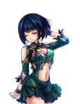  ;) arm_behind_head bare_shoulders black_hair breasts brown_eyes cleavage commentary_request eltnage eyebrows eyebrows_visible_through_hair highres katia_grineal large_breasts navel navel_cutout one_eye_closed short_hair shoulder_cutout simple_background skirt sleeve_cuffs smile solo super_robot_wars super_robot_wars_judgement super_robot_wars_og_moon_dwellers super_robot_wars_original_generation white_background zipper 