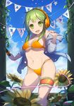  :d ahoge ass_visible_through_thighs bangs bare_shoulders bikini bikini_under_clothes birthday blue_sky blurry blush bow breasts cable cleavage cloud confetti day depth_of_field english eyebrows eyebrows_visible_through_hair eyelashes flower frills glowing green_eyes green_hair grey_jacket groin gumi happy_birthday headphones highres holding holding_microphone hood hood_down hooded_jacket jacket jacket_over_swimsuit large_breasts leg_garter legs_apart looking_at_viewer microphone navel off_shoulder omucchan_(omutyuan) open_clothes open_jacket open_mouth orange_bikini orange_bow pillar plant polka_dot shiny shiny_skin short_hair sidelocks sky sleeves_pushed_up smile solo standing star stomach string_bikini string_of_flags striped summer sunflower swimsuit swimsuit_under_clothes underboob vines vocaloid yellow_flower 