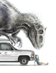  anachronism ane_(kamemaru) aqua_shirt arm_support black_hair car chevrolet claws death_flag dinosaur fangs ground_vehicle highres id_card indominus_rex jurassic_park jurassic_world kamemaru looking_at_viewer looking_to_the_side mary_janes motor_vehicle one_side_up original shirt shoes short_hair shorts simple_background sitting text_focus tyrannosaurus white_background 