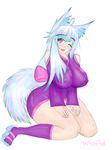  1girl big_ass big_nipples blue_hair blush breasts calf_socks curvy dress erect_nipples fox_ears fox_tail geta heart-shaped_pupils huge_ass huge_breasts huge_tits kimono kitsune long_hair looking_at_viewer multicolored_hair one_eye_closed open_mouth pink_eyes pink_hair short_dress smile solo tail thick_thighs tight_dress whitepod wide_hips 