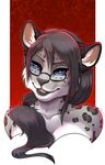  anthro blue_eyes breasts eyewear feline female frionella glasses grey_hair hair leopard mammal ponytail simple_background smile snow_leopard solo wyla 