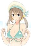  amami_amayu bare_shoulders bikini blue_eyes bow breasts brown_hair cleavage collarbone error_musume front-tie_top green_bikini hair_bow halterneck hat kantai_collection large_breasts long_hair low_twintails print_bikini smile solo sparkle swimsuit twintails upper_body 