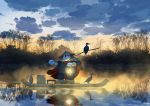  artist_name bird boat cape chinese_clothes cloud cloudy_sky commentary cormorant english_commentary hat highres holding lantern light_particles mclelun no_humans original outdoors panda pants red_cape reflection rice_hat river shirt sky solo standing stick watercraft 