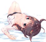  ahoge bad_id bad_pixiv_id bangs bed_sheet black_skirt blurry braid breasts brown_hair closed_mouth covered_nipples depth_of_field eyebrows eyebrows_visible_through_hair from_above full_body hair_flaps hair_ornament hair_ribbon highres kantai_collection knees_up long_hair long_sleeves looking_at_viewer lying manatsuki_manata medium_breasts miniskirt navel on_back on_bed open_clothes pleated_skirt red_ribbon remodel_(kantai_collection) ribbon shigure_(kantai_collection) single_braid skirt smile solo stomach thigh_gap white_background 