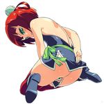  ass backless_outfit batsu_(takuan_to_batsu_no_nichijou_enmachou) blush covering covering_crotch embarrassed full_body green_eyes hair_rings looking_back no_panties om_(nk2007) red_hair red_legwear short_hair simple_background solo takuan_to_batsu_no_nichijou_enmachou thighhighs white_background 