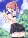  afterimage black_legwear blush bra breasts cloud day eyepatch fanning_face large_breasts long_hair open_mouth os_(os_fresa) pink_hair plaid plaid_bra plaid_skirt pointy_ears ponytail purple_eyes scrunchie skirt sky solo thighhighs tree underboob underwear 