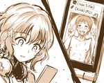  1girl ahegao cellphone cheating commentary_request double_v flower hair_flower hair_ornament hanasaku_iroha headphones headphones_around_neck limited_palette matsumae_ohana netorare phone role_reversal sketch surprised tanemura_kouichi tears v wantacchi 