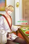  2016 blonde_hair chair character_name chawa_(sawa) cup dated fire_emblem fire_emblem_if food happy_birthday lamp leon_(fire_emblem_if) male_focus open_mouth red_eyes sitting solo table teacup teeth 