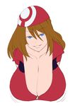  1girl bandanna blue_eyes breasts brown_hair cleavage color female flat_color gigantic_breasts haruka_(pokemon) huge_breasts long_hair looking_at_viewer maydrawfag parted_lips pokemon pokemon_(game) simple_background smile solo upper_body white_background 