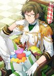  asahikawa_hiyori box chair checkered checkered_background checkered_floor epaulettes gift glasses gloves green_hair hand_on_own_chin heart idolish_7 looking_at_viewer male_focus nikaido_yamato sitting smile solo white_gloves 